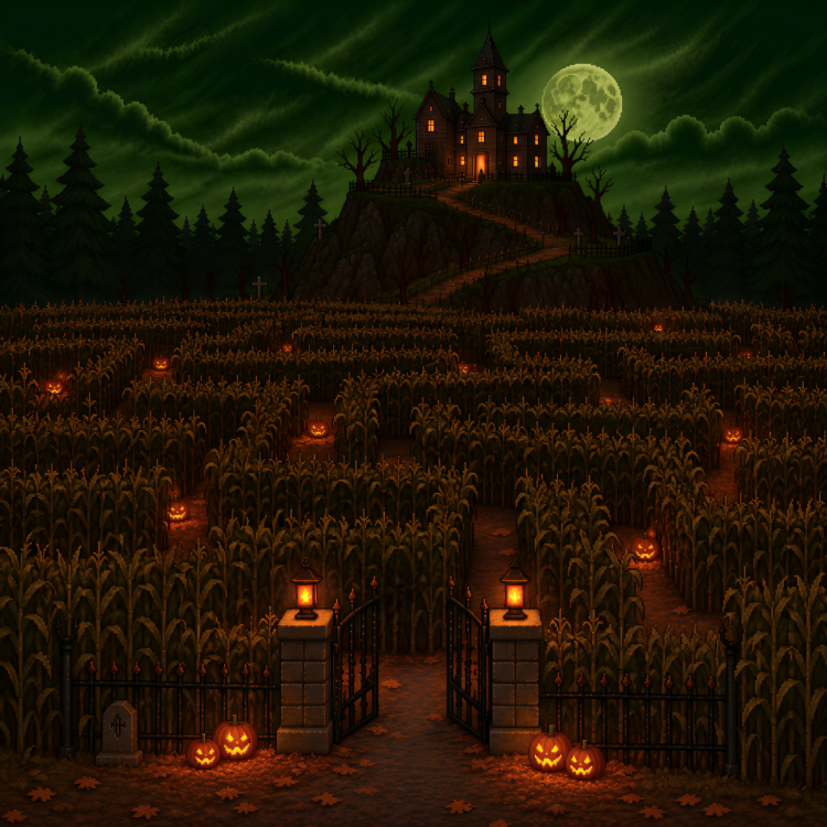 Halloween cornfield with a haunted house